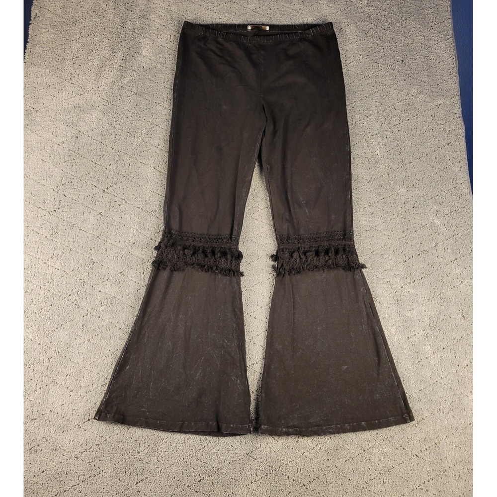 Chatoyant Pants Womens 1XL Black Bell Bottom Fringe Pull On Slimming Hippie Boho